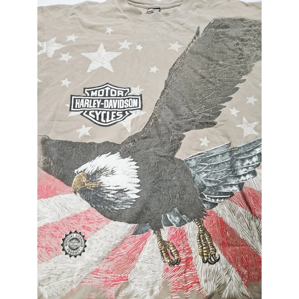 Vtg 90s Harley Davidson AOP Huge Eagle Flag Beige color Faded Biker Shirt Size L - Picture 2 of 4